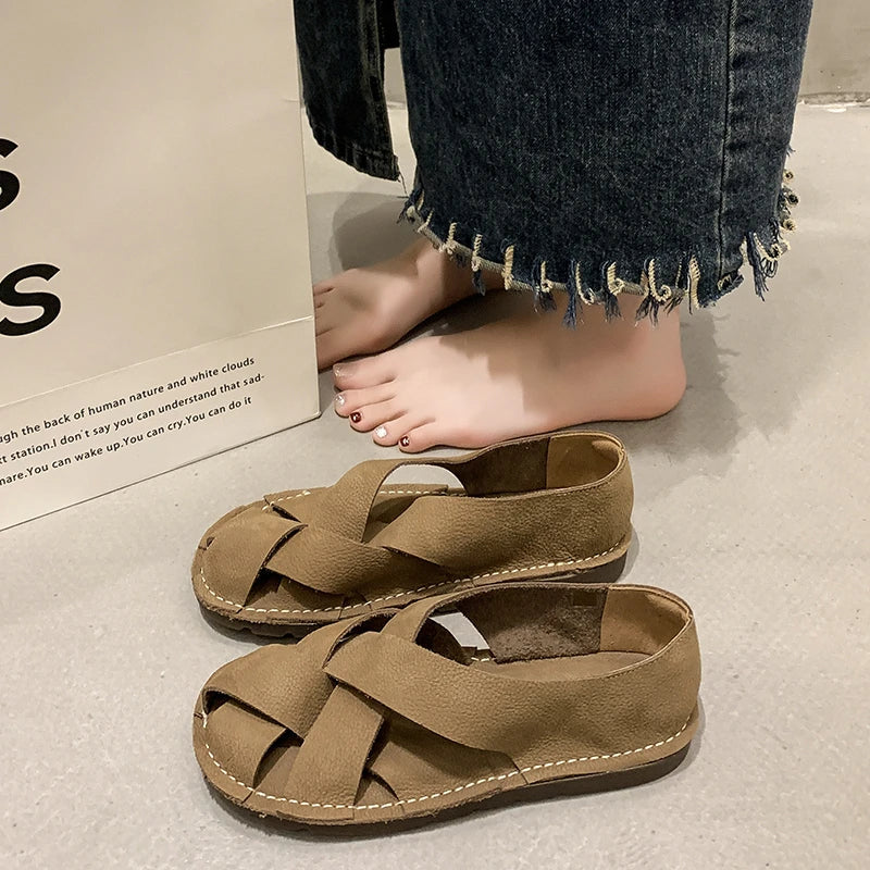 2024 Hot SummerNew Women's Outdoor Indoor Sandals Top Layer Cowhide Handmade Woven Women Casual Flat Bottomed Beach Woman Shoes