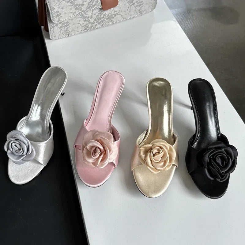 2024 Summer Fashion Flower Woman Slippers Thin Low Heels Party Stripper Ladies Mules Slides Zapatos Mujer