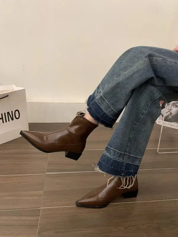 Boots Women New Shoes Luxury Designer silver  Ankle Fashion Pointy Med Ladies Rubber Autumn Rome Hoof Heels Flock Solid Sli