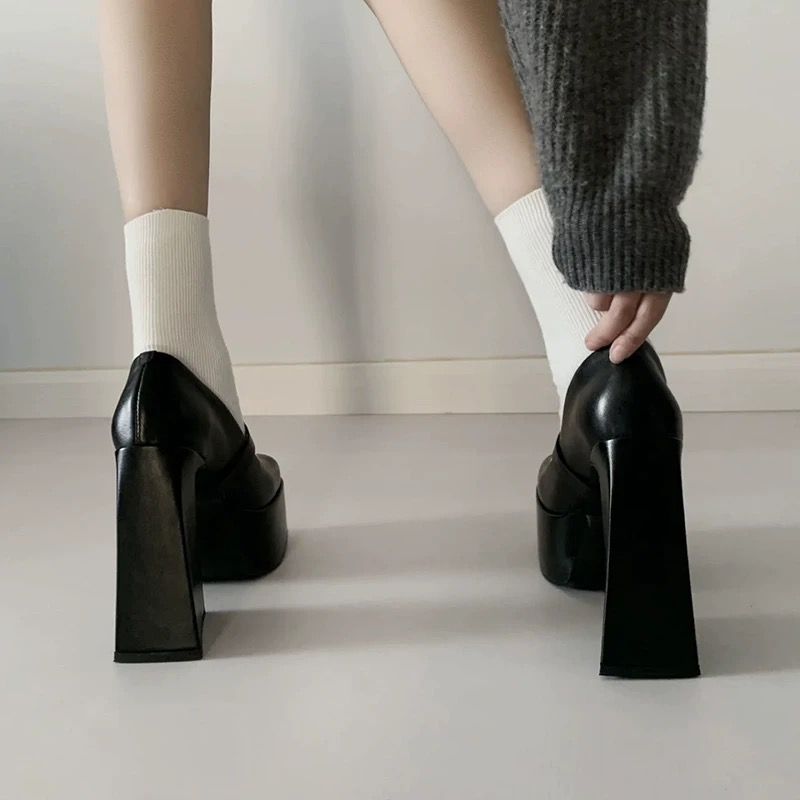 Black Mary Janes Super Thick High Heels Platforms Pumps Buckle For Women Casual Spring Summer Shallow Party Chunky Shoes Ladies