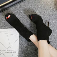 Ladies Ankle Boots Fashion Peep Toe Stretch Fabric Knitting Small Hole Hollow Out Breathable Dress Women High Heels Party Shoes