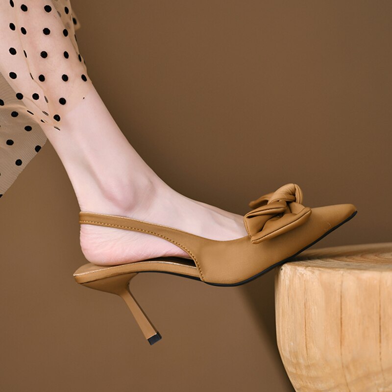 Bowtie Slingbacks High Heels Pumps Women Summer Elegant Pointed Toe Party Shoes Woman Solid Thin Heeled Mules Sandals Mujer