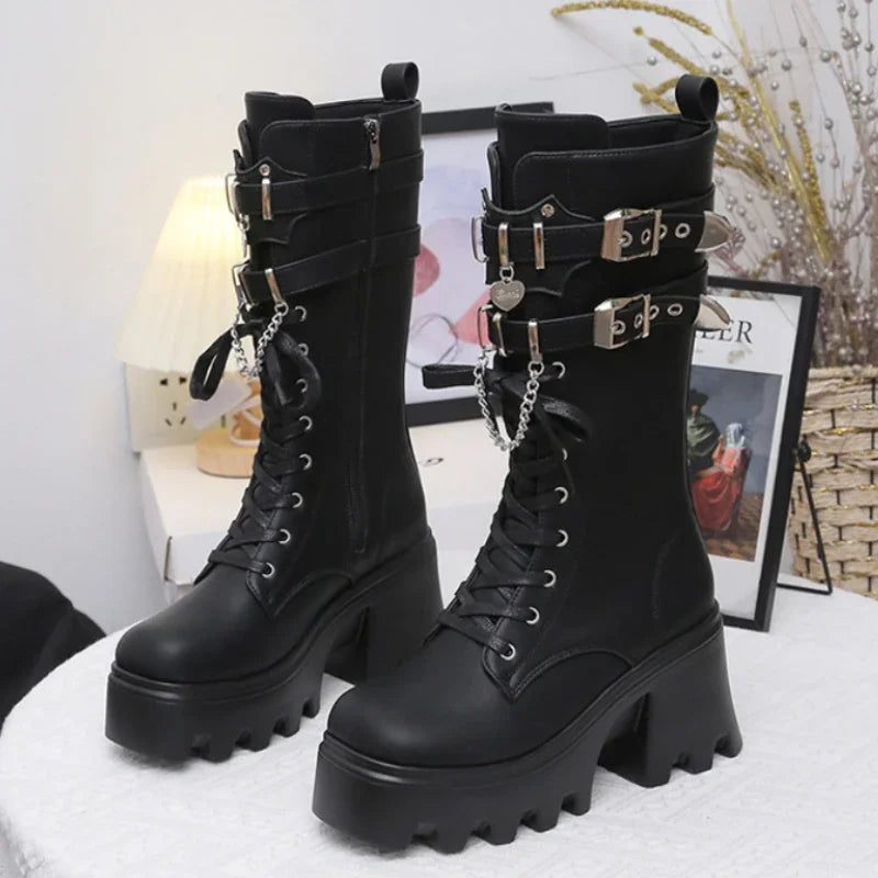 Fashion Leather Gothic Boots Women Luxury Brand Buckle Chain High Heels Long Boots Autumn Ladies Motorcycle Boots Botas Mujer