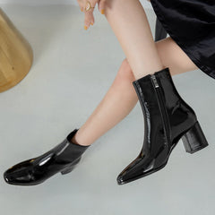 Autumn Women Fashion Square High Heels Zapatos De Mujer White Patent Leather Shoes Ankle Boots Black Woman Zipper