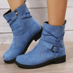 Retro Women's Cowboy Boots Autumn New Suede Low Heel Female Boots Luxury Belt Buckle Side Zip Design Mid-Calf Boots Size 43