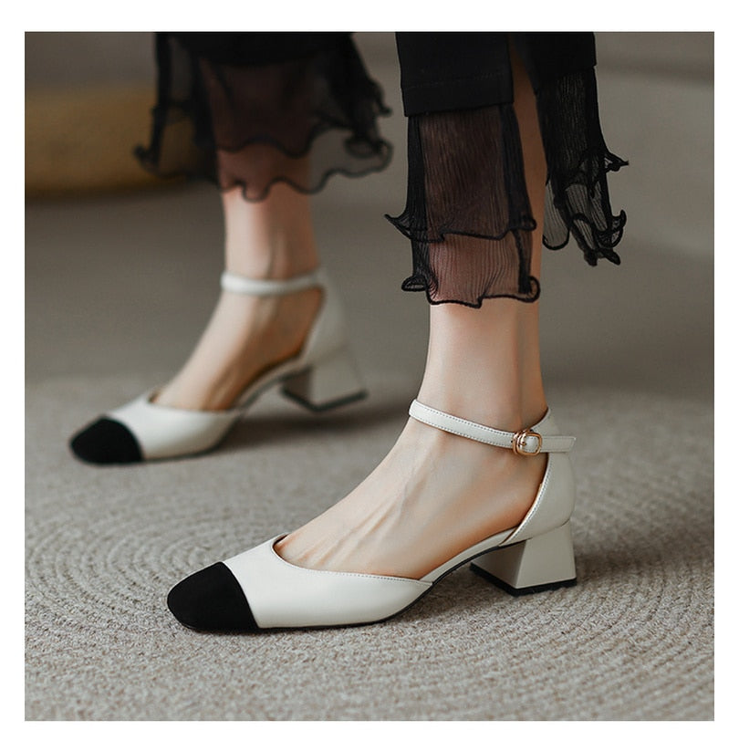 Autumn Spring Spuare Toe Single Pumps Women Spring Summer pumps Bow-Knot High Heel Splicing Woman Shoes Chunky Heel Sandals