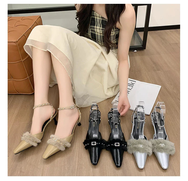 Pointed Toe Sexy Mid Heels Party Shoes Women Sandals Designer Summer Brand Pumps Slingback Casual Shoes Dress Slippers 2024 New