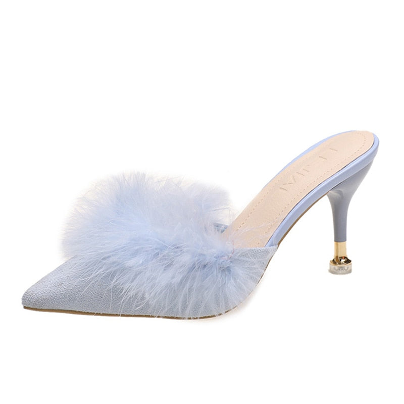 Blue High Heels Party Sandals Women Summer Pointed Toe Fur Slippers Woman Elegant Slip On Thin Heeled Shoes Outdoor Slides