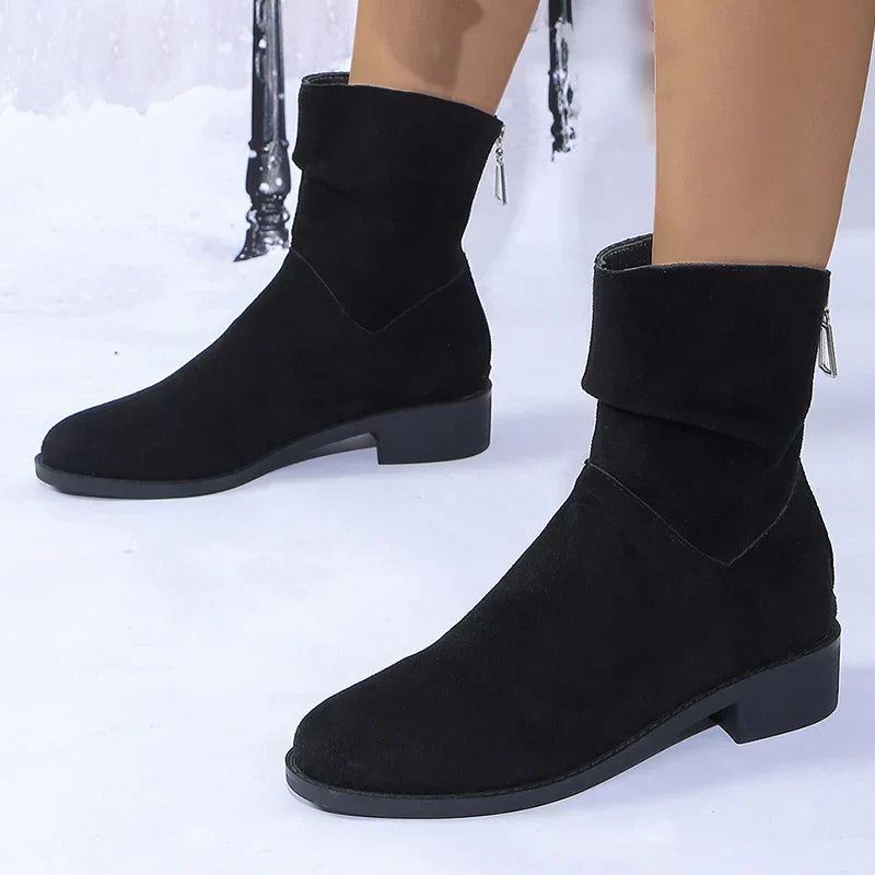 Autumn Womens Solid Pleated Ankle Boots Fashion Faux Suede Square Heel Boots Ladies Round Toe Back Zipper Office Shoes Boats