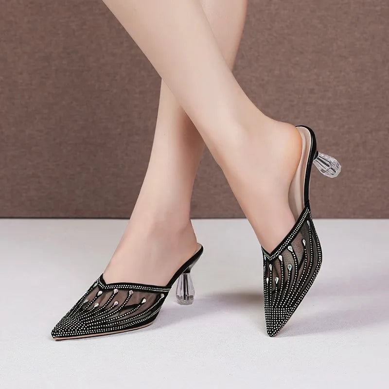 2024 Summer New Mesh Diamond Slippers for Women's Fashion Outwear Pointed Crystal Heel High Heel Slippers