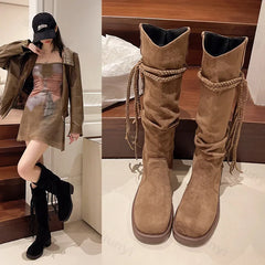 Women Suede Knee High Boots New Fashion Tassels Western Cowboy Boots Round Toe High Heels Shoes Roman Female Long Boots