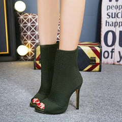 Ladies Ankle Boots Fashion Peep Toe Stretch Fabric Knitting Small Hole Hollow Out Breathable Dress Women High Heels Party Shoes