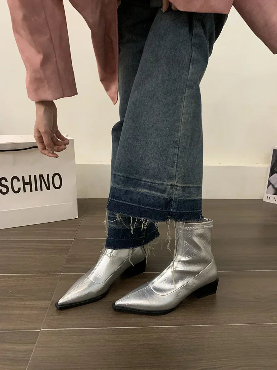 Boots Women New Shoes Luxury Designer silver  Ankle Fashion Pointy Med Ladies Rubber Autumn Rome Hoof Heels Flock Solid Sli