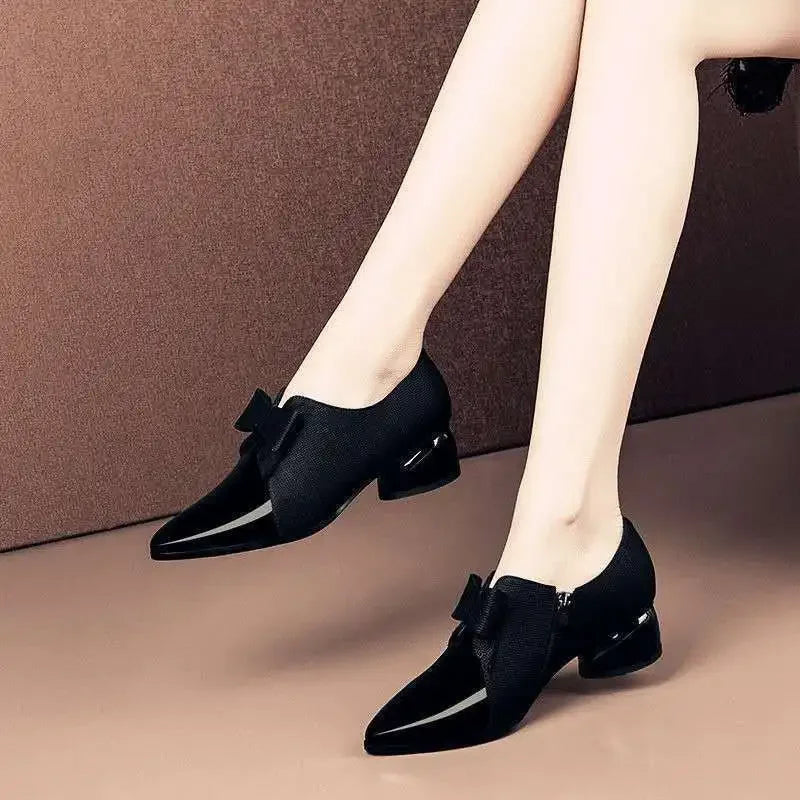 5cm Deep Mouth High Heels Women's Spring Autumn New Fashion Bow Versatile Elegant Pointed Thick Heel Single Shoes Women