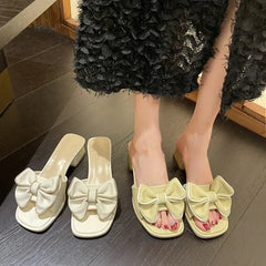 2024 New Fashion Women's Bow Mid Heels Slides Women Peep Toe Mules Cool Summer Woman Slippers Sandals Elegant Ladies Party Shoes