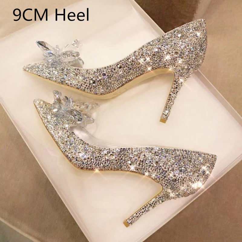 Cinderella Shoes Rhinestone High Heels Women Pumps Pointed toe Woman Crystal Party Wedding Shoes 5cm/7cm/9cm