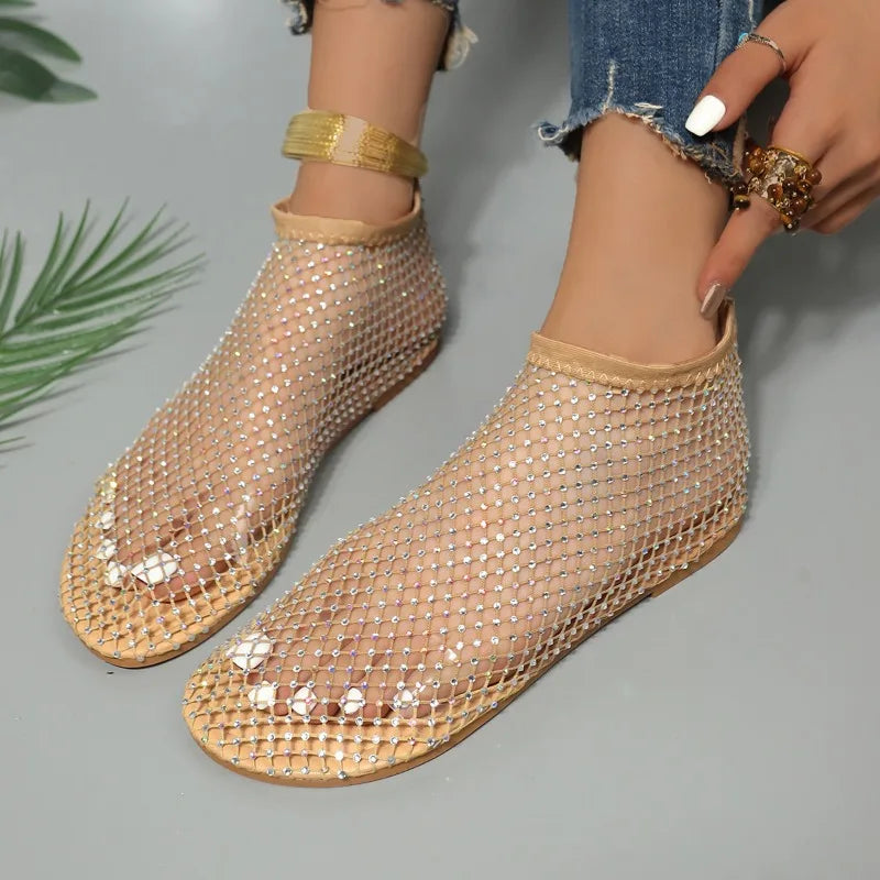 2024 New Summer Women's New Round Toe Flat Bottom Sandals Mesh Short Boots Water Diamond Sexy Flat Bottom Fashion Ladies Shoes