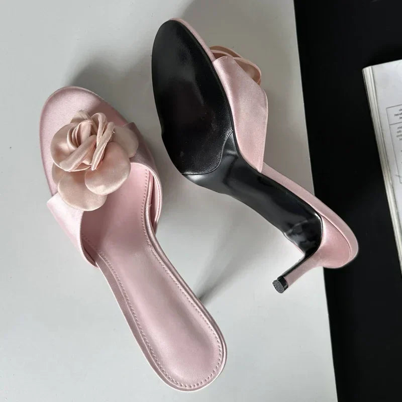 2024 Summer Fashion Flower Woman Slippers Thin Low Heels Party Stripper Ladies Mules Slides Zapatos Mujer