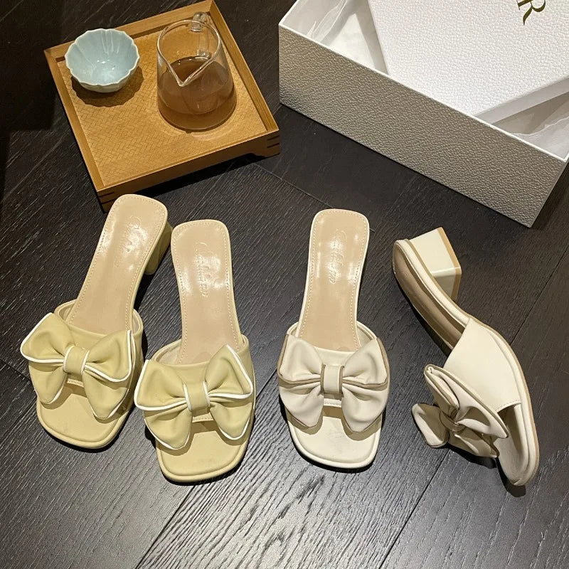 2024 New Fashion Women's Bow Mid Heels Slides Women Peep Toe Mules Cool Summer Woman Slippers Sandals Elegant Ladies Party Shoes