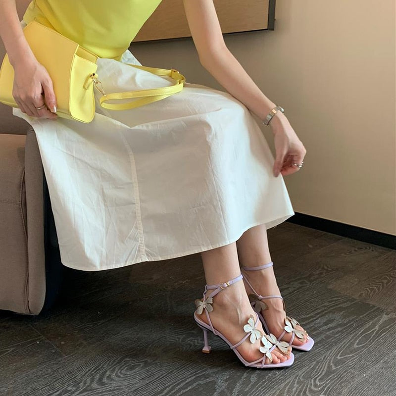 Butterfly Purple High Heeled Sandals Women Summer Casual Square Toe Sandals Woman Thin Heels Ankle Straps Party Shoes
