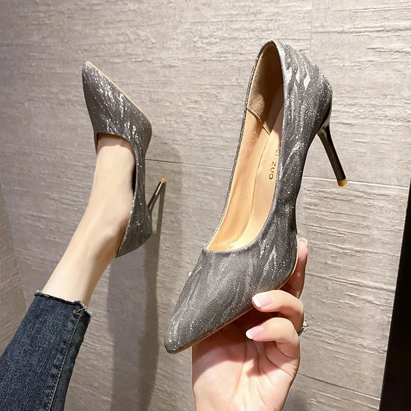 2024 Summer New Luxury Gold Silver Women's High Heels Pointed Toe Sequin Heels Party Wedding Shoes 35-42