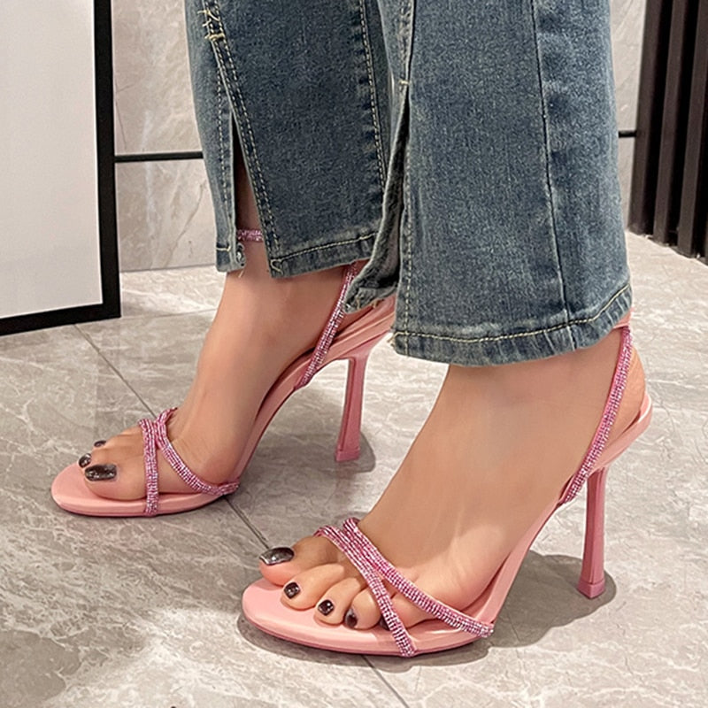 Brand Design Pink High Heels Sandals Women Summer Crystal Ankle Straps Sandals Woman Plus Size 42 Thin Heeled Party Shoes