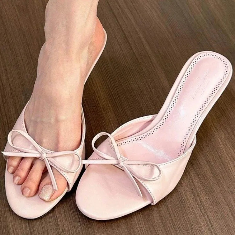 2024 New Arrivals Summer Pink Butterfly-knot Woman Slippers Elegance Stripper Thin Low Heels Ladies Mules Slides Shoes