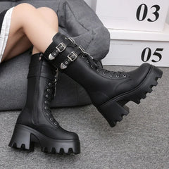 Fashion Leather Gothic Boots Women Luxury Brand Buckle Chain High Heels Long Boots Autumn Ladies Motorcycle Boots Botas Mujer