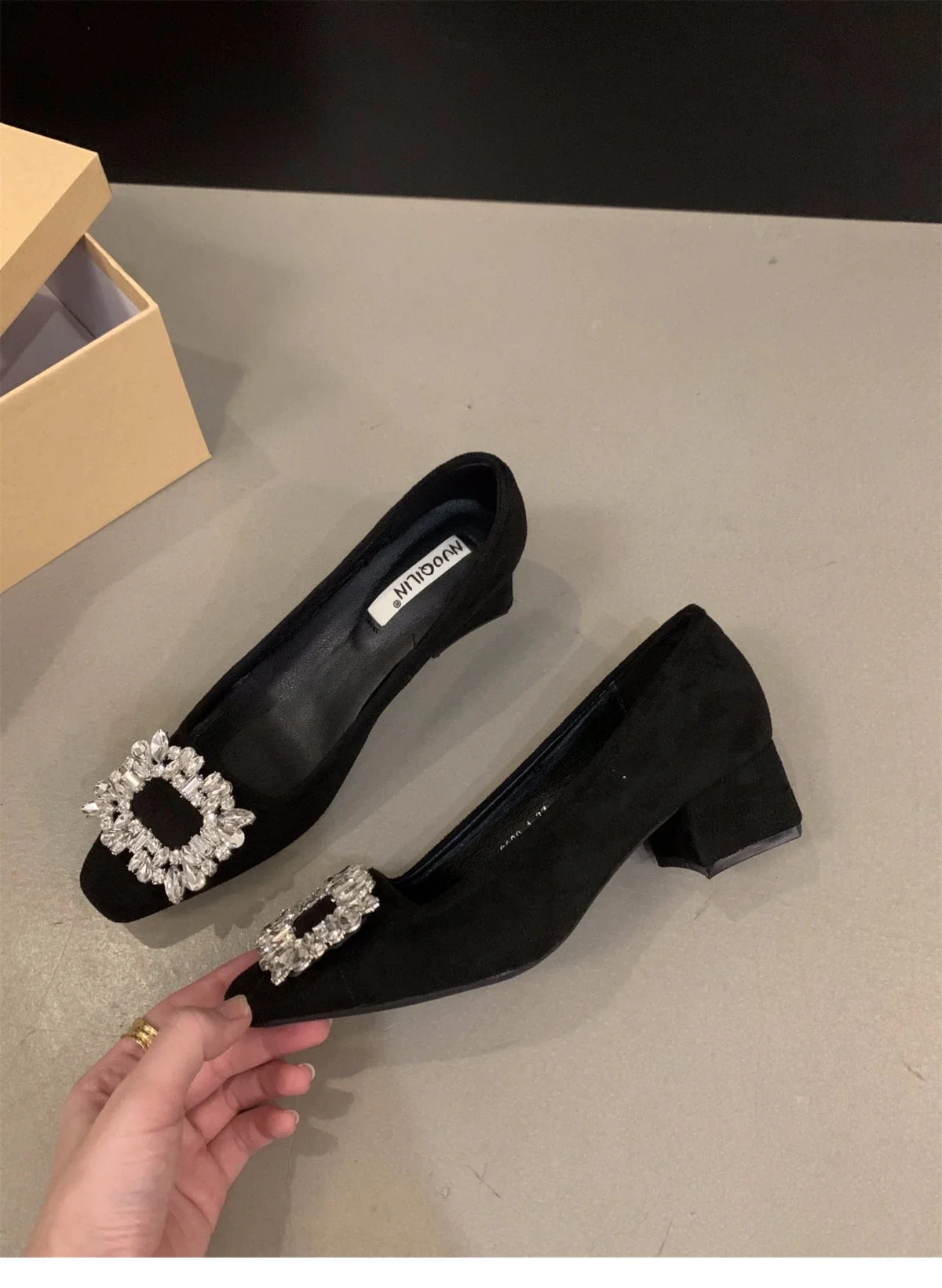 Shoes for Women 2024 New Slip on Women's Pumps Autumn Square Toe Solid Flock Brilliant Diamond Chunky Heels High Heel Pump Women