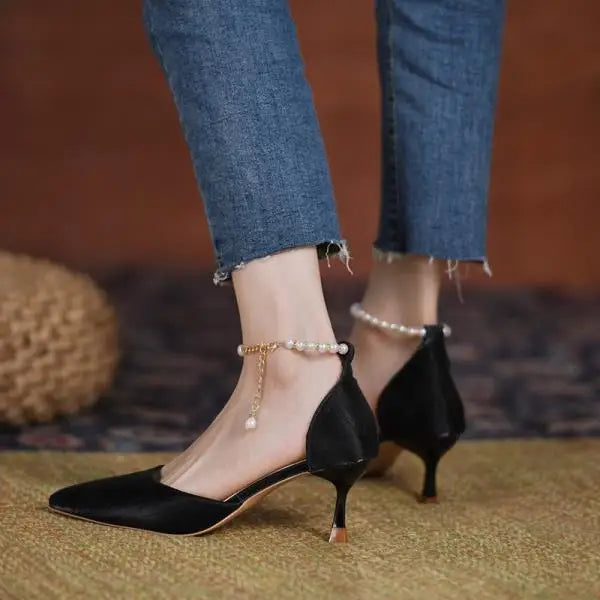Beige Heeled Pump 2024 Women's Shoes Closed Toe Black High New Comfort Retro Block Pearl Clear Spring Girls Solid PU Pumps Co