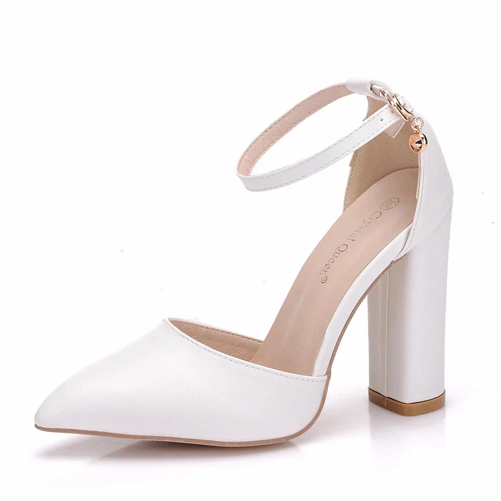 Crystal Queen Women 7CM Thick High Heels Sexy Pumps White Wedding Bride Shoes Pointed Toe Buckle Strap Sandals