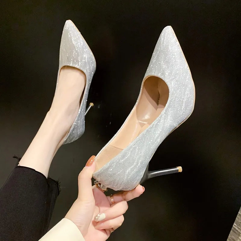 2024 Summer New Luxury Gold Silver Women's High Heels Pointed Toe Sequin Heels Party Wedding Shoes 35-42