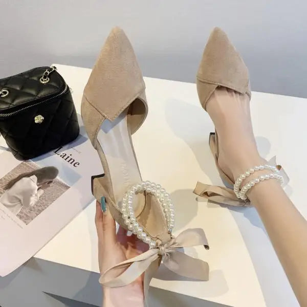 Beige Heeled Pump 2024 Women's Shoes Closed Toe Black High New Comfort Retro Block Pearl Clear Spring Girls Solid PU Pumps Co