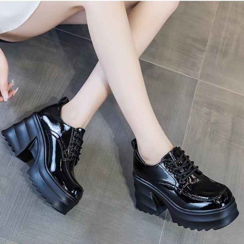 Coarse Heel Small Leather Shoes Women's British Style New Thick Sole Muffin Shoes Wedge Heel High Heel Single Shoes Women