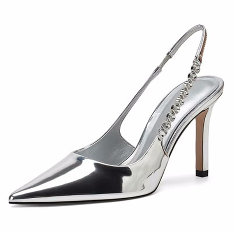 Brand Designer Silver Sandals Women Summer Crystal Straps High Heels Sandals for Woman Pointed Toe Slingbacks Party Shoes