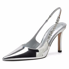 Brand Designer Silver Sandals Women Summer Crystal Straps High Heels Sandals for Woman Pointed Toe Slingbacks Party Shoes