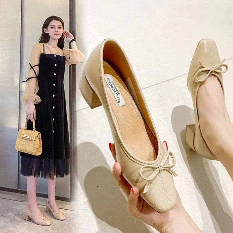Bow Ballet High Heels Shoes Woman Basic Pumps Fashion  Round Bow Work Shoe Fashion Party Women Shoes Pump zapatos de mujer