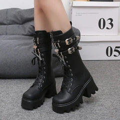 Fashion Leather Gothic Boots Women Luxury Brand Buckle Chain High Heels Long Boots Autumn Ladies Motorcycle Boots Botas Mujer