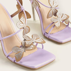 Butterfly Purple High Heeled Sandals Women Summer Casual Square Toe Sandals Woman Thin Heels Ankle Straps Party Shoes
