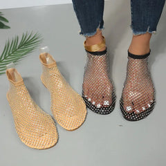 2024 New Summer Women's New Round Toe Flat Bottom Sandals Mesh Short Boots Water Diamond Sexy Flat Bottom Fashion Ladies Shoes