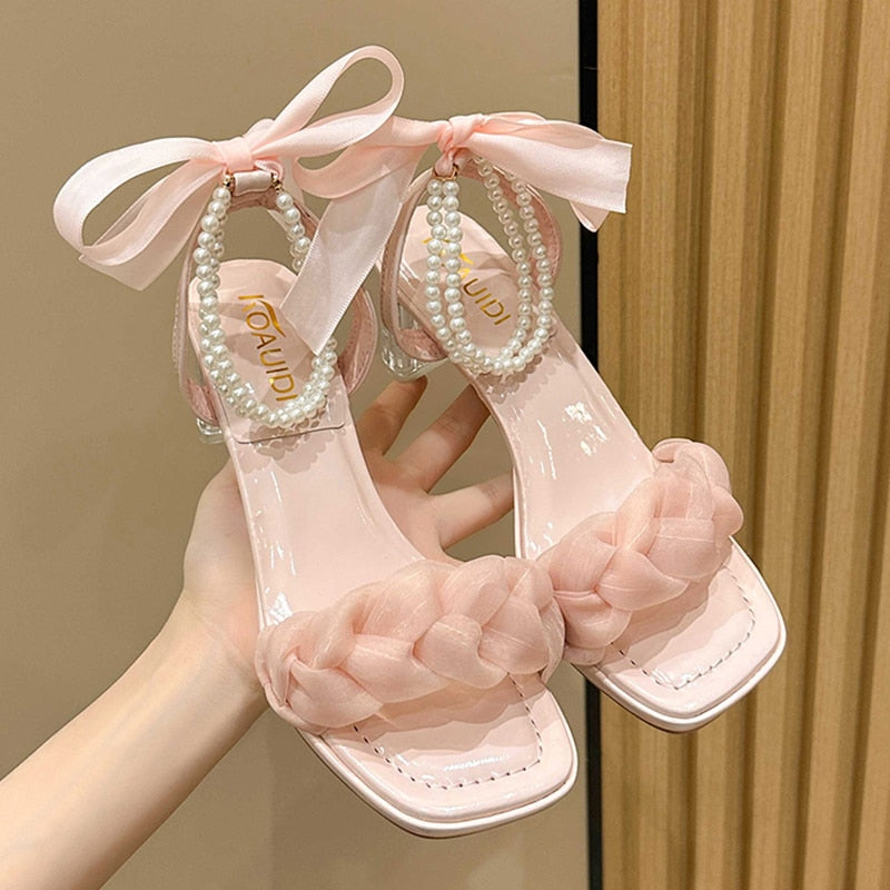 Cute Pink Lace Bowknot Sandals for Women Summer Pearl Ankle Strap Clear Chunky Heels Sandals Woman Party Dress Pumps Shoes