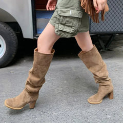 Faux Suede High Heels Long Boots Women Winter Fashion Pleated Cowboy Boots Woman Round Toe Slip-On Riding Botas De Mujer