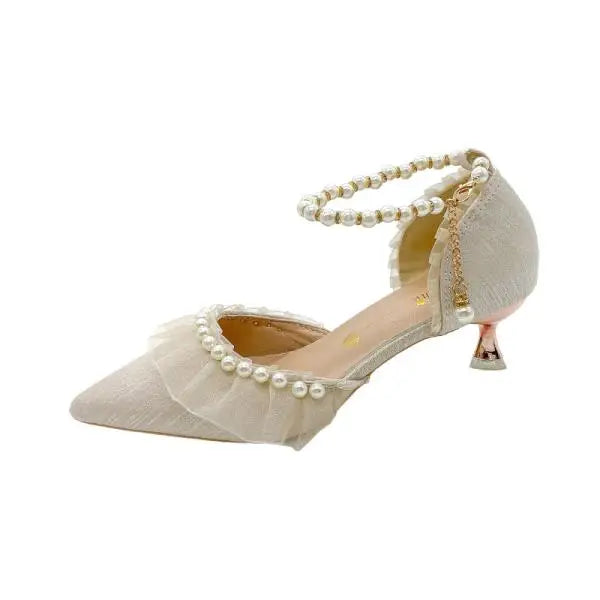Beige Heeled Pump 2024 Women's Shoes Closed Toe Black High New Comfort Retro Block Pearl Clear Spring Girls Solid PU Pumps Co