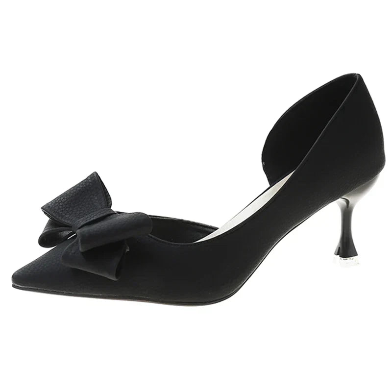 Blue Bowtie Thin Heeled Pumps Women Autumn PU Leather Slip on High Heels Shoes Woman Pointed Toe Party Shoes Mujer