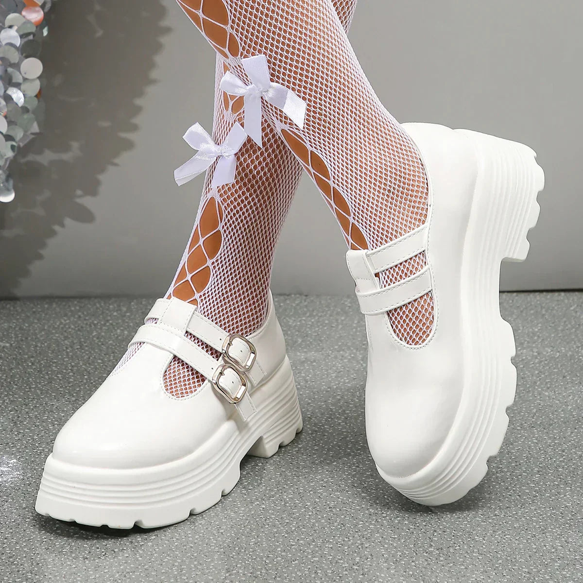 Chunky Platform Mary Jane Shoes Women Patent Leather Double Buckle Strap Pumps Woman Black White Thick High Heels Lolita Shoes
