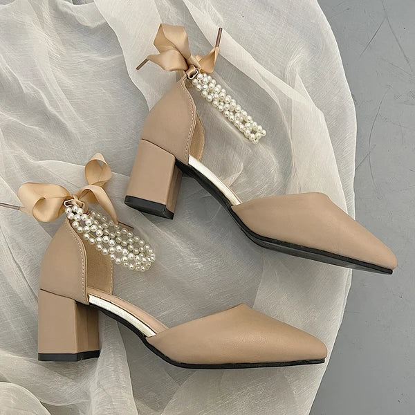 Beige Heeled Pump 2024 Women's Shoes Closed Toe Black High New Comfort Retro Block Pearl Clear Spring Girls Solid PU Pumps Co