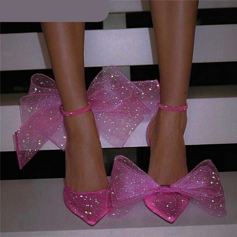 Big Butterfly-Knot Sandals Woman Summer High Heels Women Pumps Pointed Designer Shoes Mary Janes Sexy Stiletto Wedding Shoe