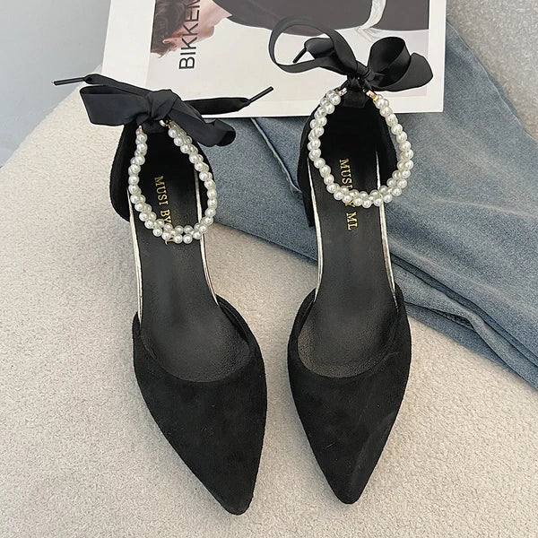 Beige Heeled Pump 2024 Women's Shoes Closed Toe Black High New Comfort Retro Block Pearl Clear Spring Girls Solid PU Pumps Co
