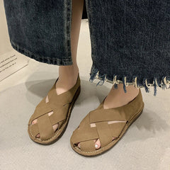 2024 Hot SummerNew Women's Outdoor Indoor Sandals Top Layer Cowhide Handmade Woven Women Casual Flat Bottomed Beach Woman Shoes