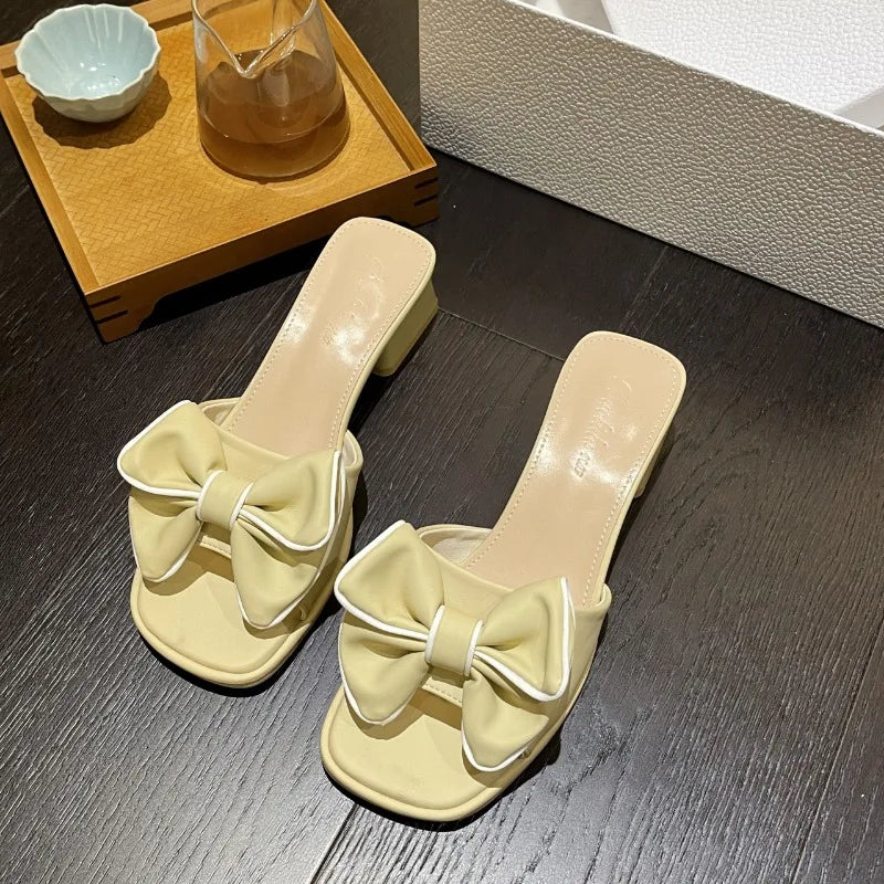 2024 New Fashion Women's Bow Mid Heels Slides Women Peep Toe Mules Cool Summer Woman Slippers Sandals Elegant Ladies Party Shoes